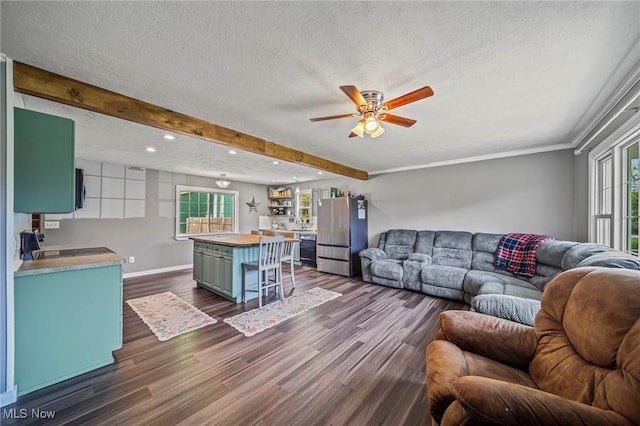 4946 Ireland Rd, Rome, OH 44085 - living room with a ceiling fan, a textured ceiling, dark wood finished floors, baseboards, and recessed lighting