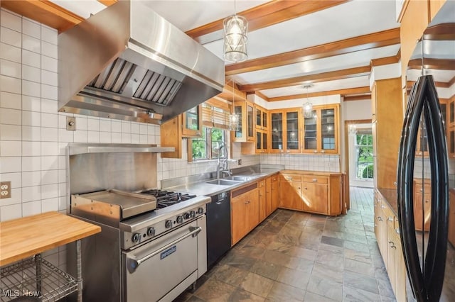 kitchen featuring stainless steel counters, black appliances, a sink, wall chimney exhaust hood, and backsplash