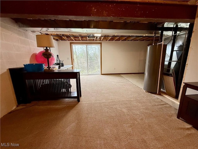 36 Choctaw Trl, Malvern, OH 44644 - basement with water heater, light colored carpet, and concrete block wall