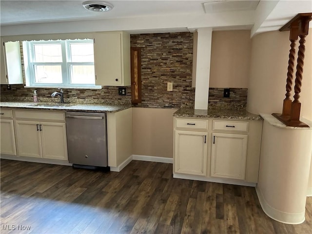 260 Miller Ave, Weirton, WV 26062 - kitchen featuring stainless steel dishwasher, tasteful backsplash, light stone countertops, dark wood-style floors, and a sink