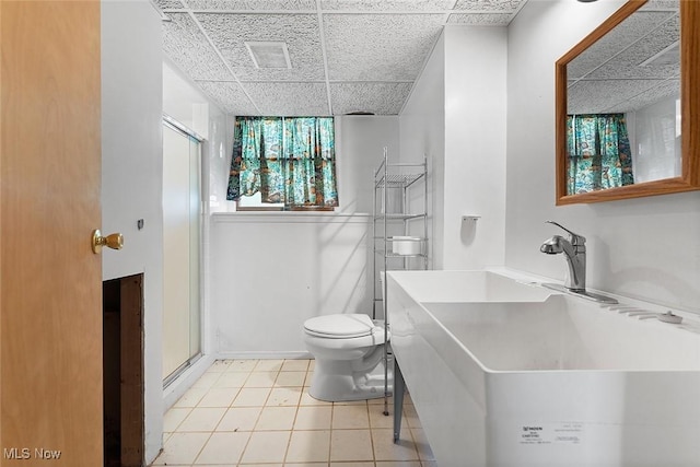 67 Chestnut Ave, Northfield, OH 44067 - full bath with toilet, a stall shower, a drop ceiling, baseboards, and vanity