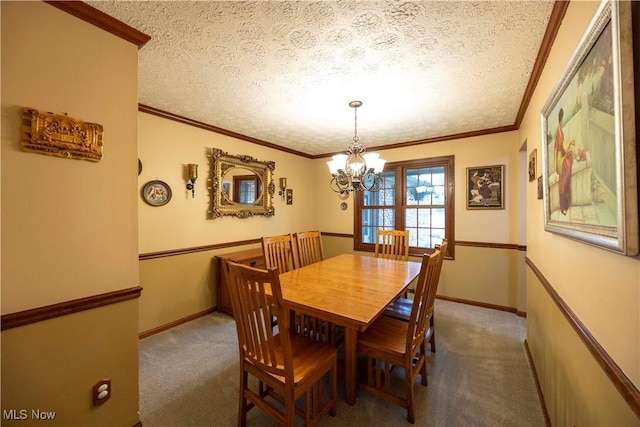 8665 Prescott Dr, Chesterland, OH 44026 - carpeted dining area with a chandelier, a textured ceiling, baseboards, and crown molding