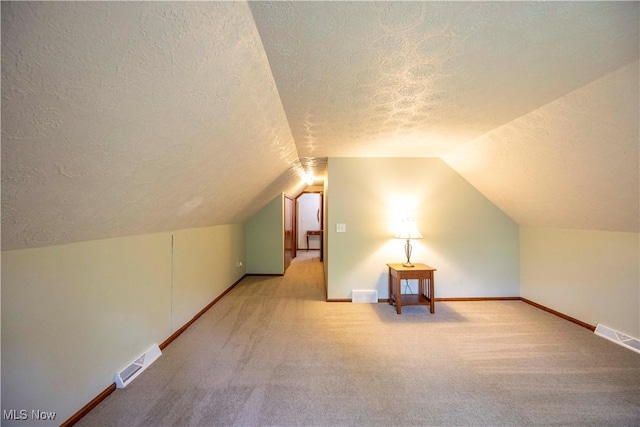 8665 Prescott Dr, Chesterland, OH 44026 - additional living space featuring a textured ceiling, lofted ceiling, carpet floors, and baseboards