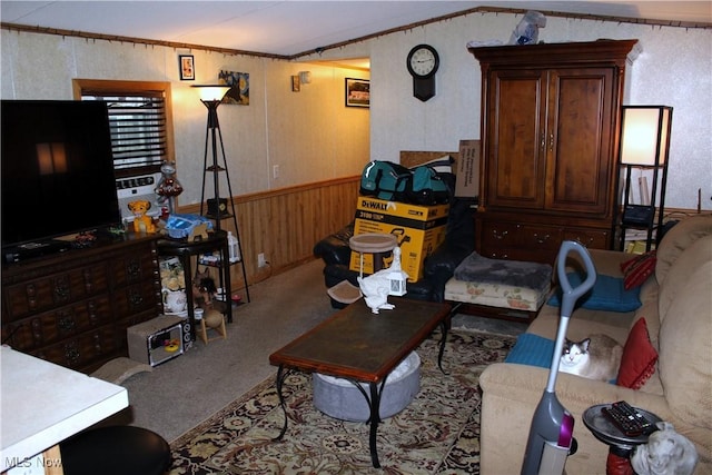 3560 Orchard Unit A-22, Stow, OH 44224 - living room with carpet, a wainscoted wall, wooden walls, and vaulted ceiling