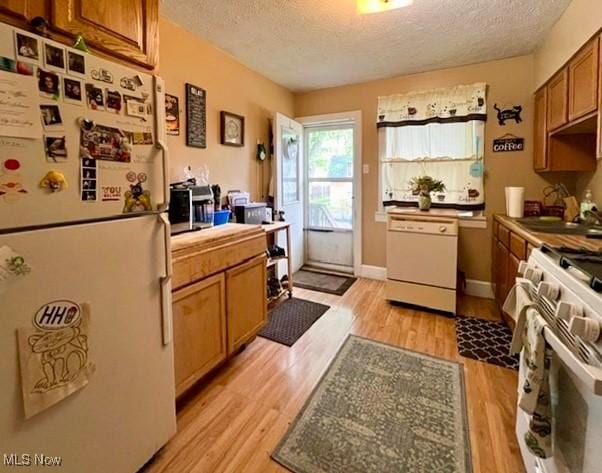 39 Wayne St, Niles, OH 44446 - kitchen featuring white appliances, a textured ceiling, a sink, light wood finished floors, and brown cabinetry