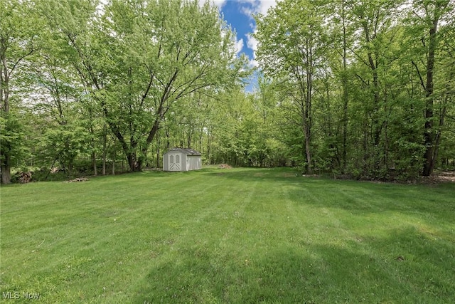 5141 Chillicothe Rd, Chagrin Falls, OH 44022 - view of grassy yard featuring a shed, an outdoor structure, and a wooded view