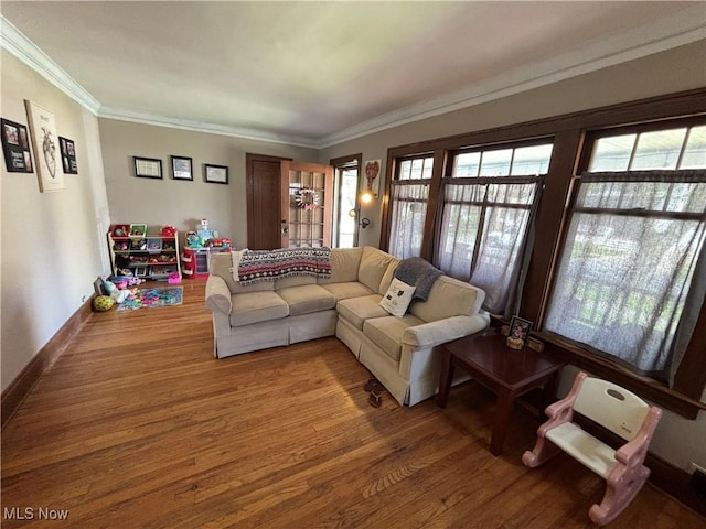 4212 W 48th St, Cleveland, OH 44144 - living room featuring wood finished floors, plenty of natural light, ornamental molding, and baseboards