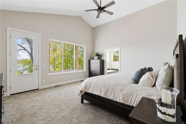 26 Oneida Trl, Malvern, OH 44644 - carpeted bedroom featuring baseboards, high vaulted ceiling, and ceiling fan