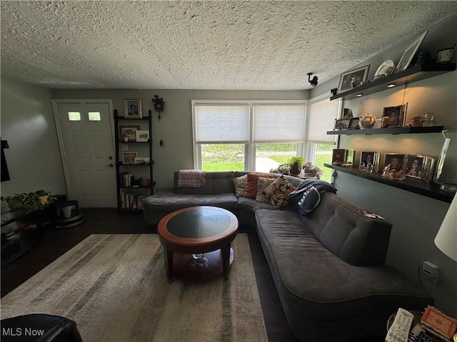 living room with a textured ceiling