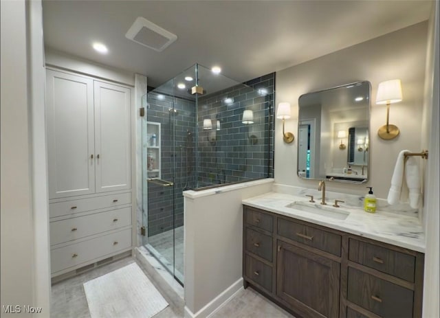 22099 Shaker Blvd, Shaker Heights, OH 44122 - full bath with a stall shower, vanity, recessed lighting, and tile patterned flooring