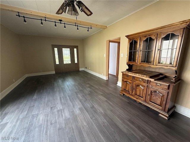 1707 Clairmont Ave, Cambridge, OH 43725 - kitchen featuring rail lighting, a ceiling fan, baseboards, and dark wood-type flooring