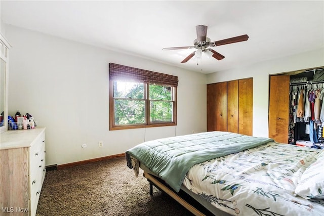 500 Stoneybrook Ln, Canfield, OH 44406 - carpeted bedroom with two closets, baseboards, and a ceiling fan