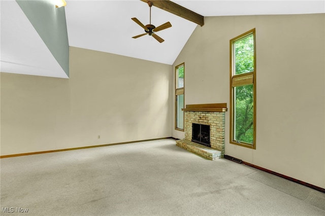 33 Brandon Pl, Rocky River, OH 44116 - unfurnished living room featuring a ceiling fan, carpet, beam ceiling, high vaulted ceiling, and a brick fireplace