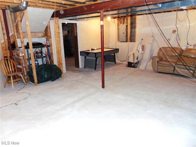 unfinished basement with electric panel