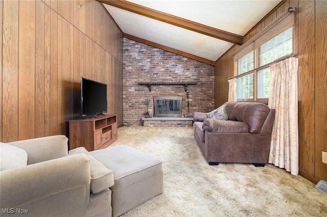 128 E Circle Dr, Weirton, WV 26062 - carpeted living room with wooden walls and a fireplace