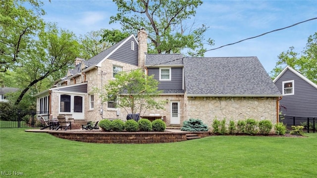 1251 Marwood Dr, Zanesville, OH 43701 - rear view of house featuring stone siding, a chimney, a patio, and a shingled roof