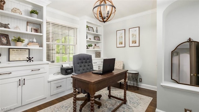 1251 Marwood Dr, Zanesville, OH 43701 - office space featuring ornamental molding, a chandelier, dark wood-type flooring, and baseboards