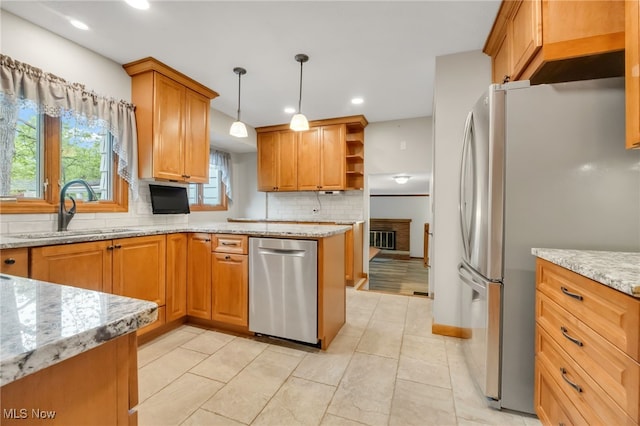 7456 Blue Ridge Dr, Mentor, OH 44060 - kitchen with a sink, appliances with stainless steel finishes, tasteful backsplash, recessed lighting, and open shelves