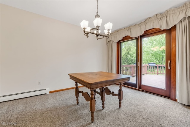 7456 Blue Ridge Dr, Mentor, OH 44060 - dining area featuring light colored carpet, a baseboard heating unit, a chandelier, and baseboards