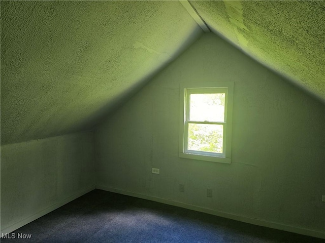 355 N Elm Ave, Tallmadge, OH 44278 - additional living space with a textured ceiling, vaulted ceiling, dark carpet, and baseboards