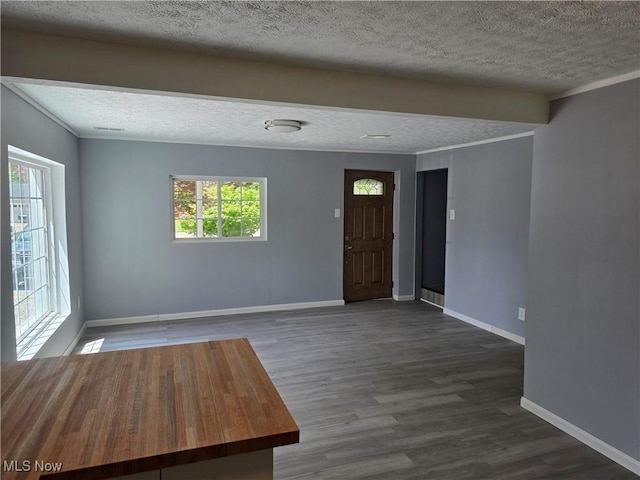 355 N Elm Ave, Tallmadge, OH 44278 - entryway with a textured ceiling, dark wood-type flooring, baseboards, and ornamental molding