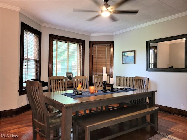 517 N 10th St, Cambridge, OH 43725 - dining room featuring ceiling fan, wood-type flooring, baseboards, and crown molding