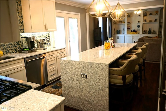 5472 Wixford Ln, Mentor, OH 44060 - kitchen with dishwasher, ornamental molding, light stone countertops, a kitchen island, and decorative backsplash