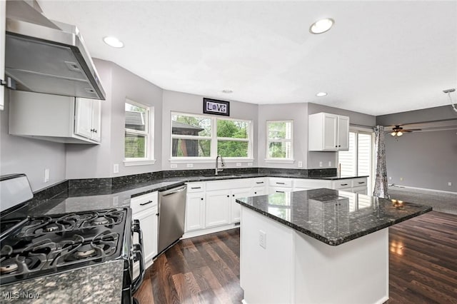 4474 Litchfield Dr, Copley, OH 44321 - kitchen featuring black gas stove, dishwasher, extractor fan, a sink, and ceiling fan