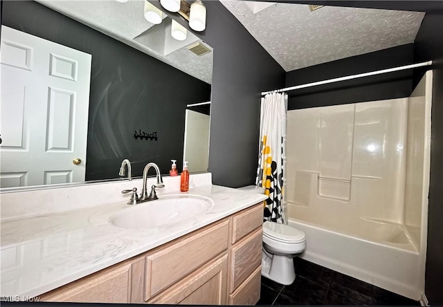 4474 Litchfield Dr, Copley, OH 44321 - bathroom with tile patterned flooring, vanity, shower / bathtub combination with curtain, toilet, and a textured ceiling