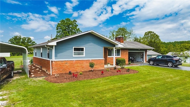 55 Lanham Ln, Davisville, WV 26142 - view of front of property with brick siding, a front lawn, a chimney, and driveway