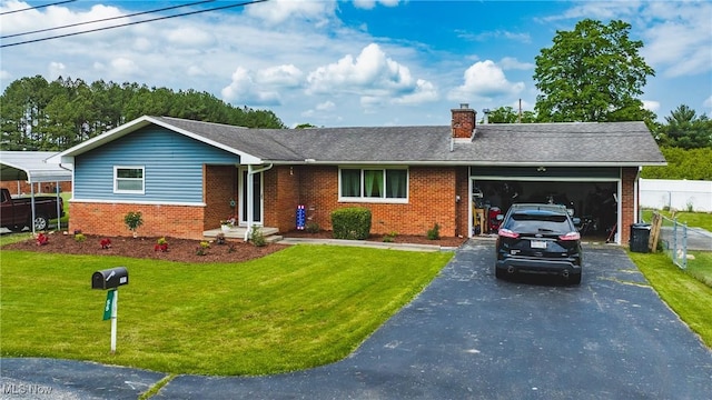 55 Lanham Ln, Davisville, WV 26142 - ranch-style home featuring asphalt driveway, brick siding, a garage, a chimney, and a shingled roof