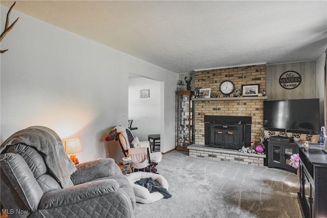55 Lanham Ln, Davisville, WV 26142 - living room featuring carpet flooring and a brick fireplace