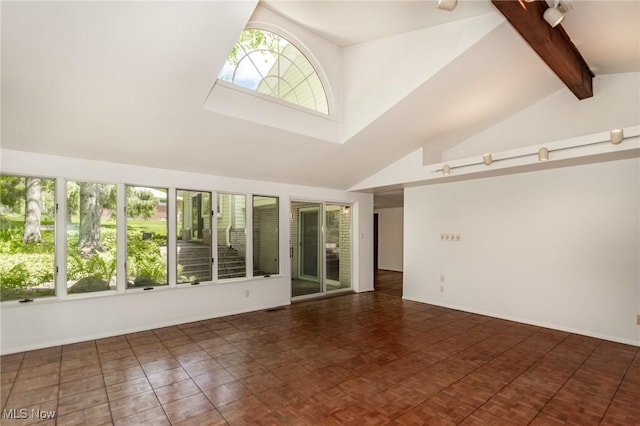 12562 Harold Dr, Chesterland, OH 44026 - empty room featuring high vaulted ceiling, beamed ceiling, and baseboards