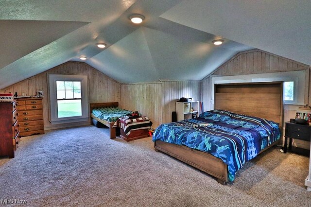 24514 County Road 24, Coshocton, OH 43812 - carpeted bedroom with lofted ceiling, wooden walls, and a textured ceiling