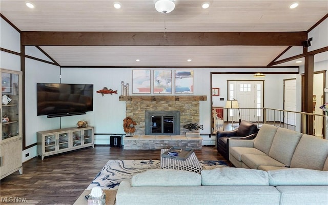 living area with wood finished floors, a stone fireplace, recessed lighting, and wooden ceiling