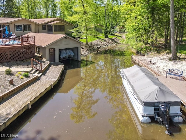 dock with a deck with water view and view of wooded area