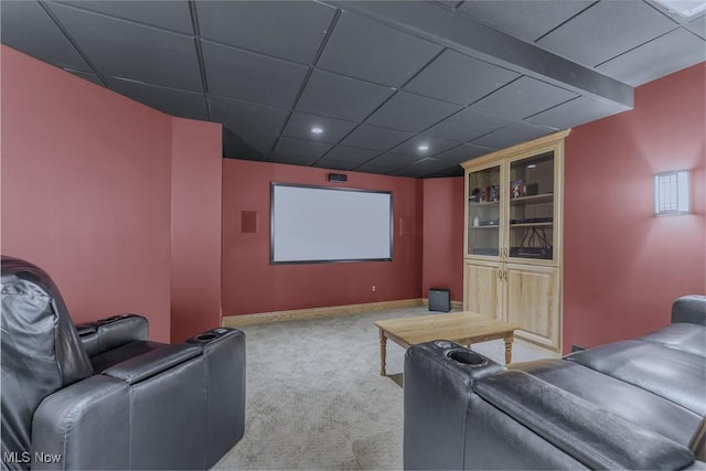 cinema room with carpet floors, recessed lighting, and baseboards
