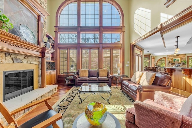 living area with a towering ceiling, wood finished floors, and a stone fireplace