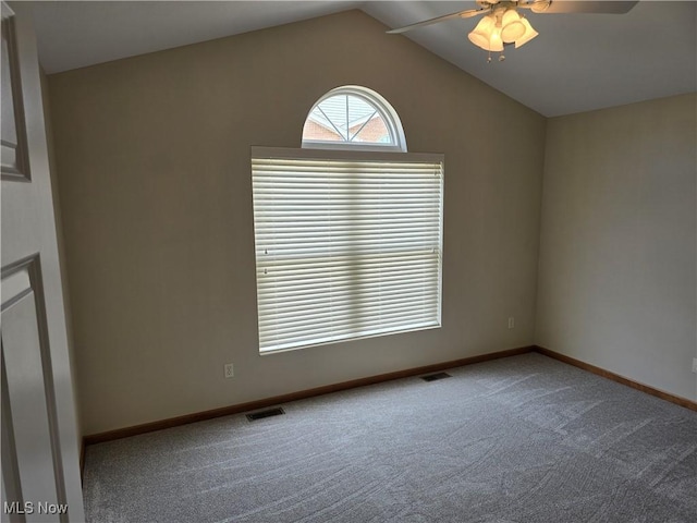 2457 Barrington Way, Wooster, OH 44691 - empty room featuring a ceiling fan, carpet, baseboards, and vaulted ceiling