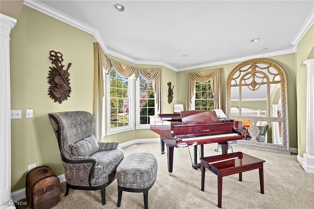 915 Creek View Dr, Aurora, OH 44202 - living area with decorative columns, carpet floors, ornamental molding, baseboards, and recessed lighting