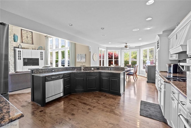 915 Creek View Dr, Aurora, OH 44202 - kitchen featuring dishwasher, recessed lighting, open floor plan, a ceiling fan, and dark wood-style flooring