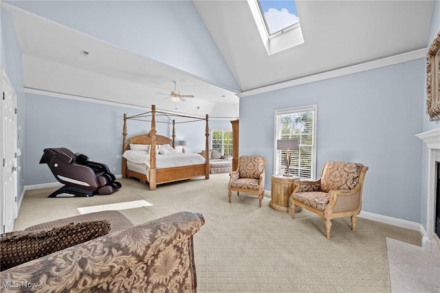 915 Creek View Dr, Aurora, OH 44202 - bedroom with light carpet, a fireplace, high vaulted ceiling, baseboards, and a skylight
