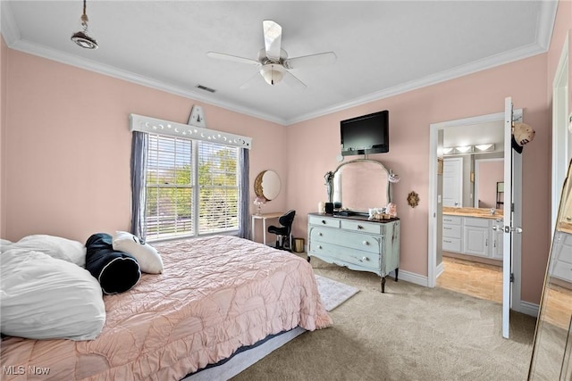 915 Creek View Dr, Aurora, OH 44202 - bedroom featuring light colored carpet, ornamental molding, baseboards, connected bathroom, and ceiling fan