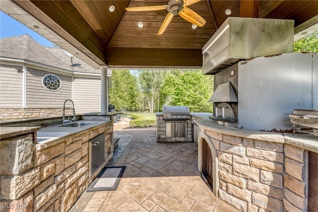 915 Creek View Dr, Aurora, OH 44202 - view of patio / terrace featuring exterior kitchen, a sink, ceiling fan, and a grill