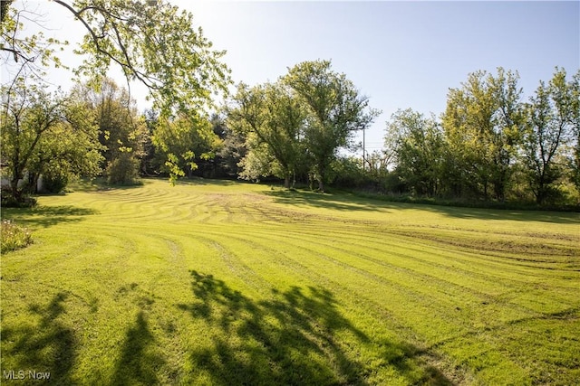 view of green lawn with view of wooded area
