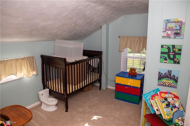 bedroom with carpet flooring, baseboards, vaulted ceiling, and a textured ceiling