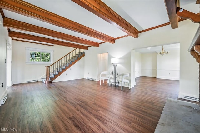 899 Park Blvd W, East Liverpool, OH 43920 - living area featuring stairs, a chandelier, beam ceiling, dark wood-style flooring, and baseboards