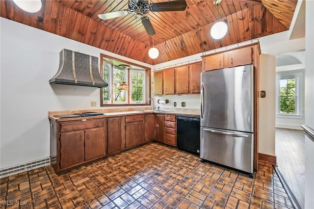 899 Park Blvd W, East Liverpool, OH 43920 - kitchen with black appliances, custom exhaust hood, a sink, healthy amount of natural light, and wood ceiling
