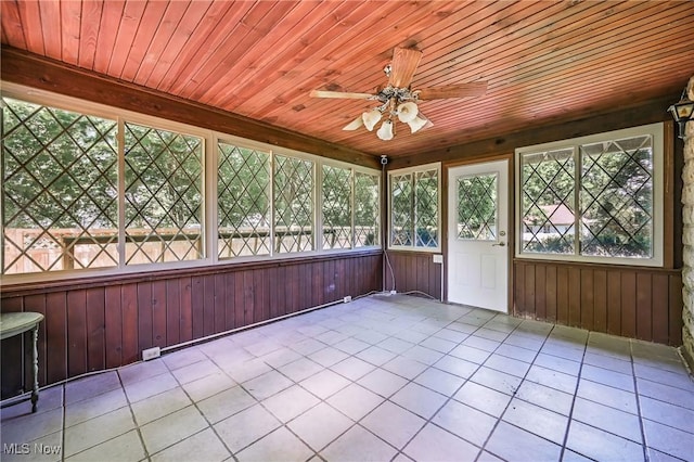 899 Park Blvd W, East Liverpool, OH 43920 - unfurnished sunroom featuring a ceiling fan, tile patterned flooring, wood ceiling, and wood walls