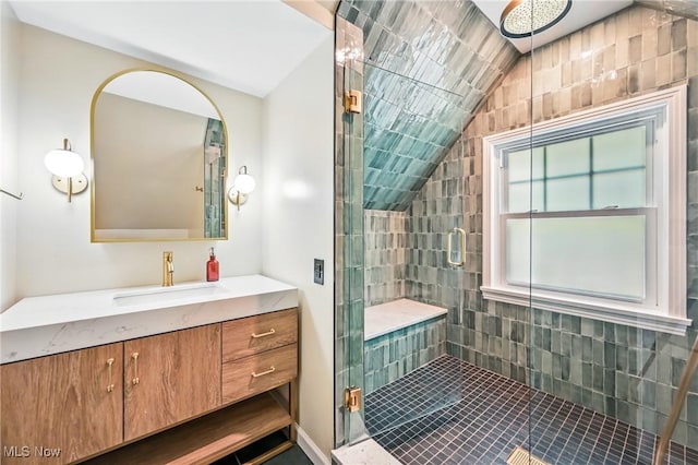 899 Park Blvd W, East Liverpool, OH 43920 - full bath featuring a stall shower, vaulted ceiling, and vanity